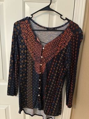 Max Jeans Navy Multi-Color Button Front Boho Top